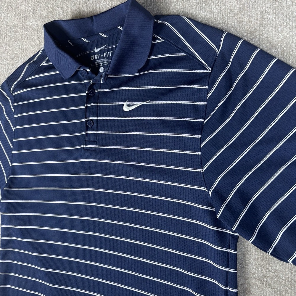 Nike Dri-FIT Polo Shirt Men's Small Navy Blue White Striped Golf Swoosh - Picture 6 of 10